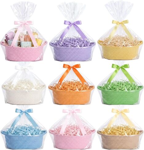 Hoolerry 8 Set Pastel Small Woven Gift Basket Empty with Clear Bags Bows and Raffia Cotton Rope Storage Basket with Handles for Nursery, Cotton Rope Room Decoration Birthday Gifts, 12"x 8" x 5" in Saudi Arabia