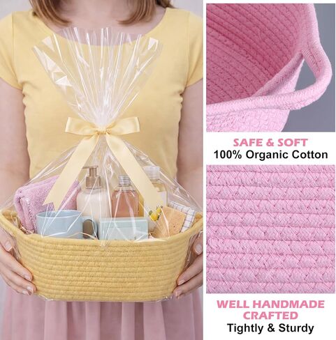 Hoolerry 8 Set Pastel Small Woven Gift Basket Empty with Clear Bags Bows and Raffia Cotton Rope Storage Basket with Handles for Nursery, Cotton Rope Room Decoration Birthday Gifts, 12"x 8" x 5" in Saudi Arabia