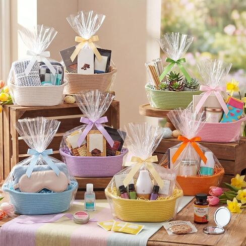 Hoolerry 8 Set Pastel Small Woven Gift Basket Empty with Clear Bags Bows and Raffia Cotton Rope Storage Basket with Handles for Nursery, Cotton Rope Room Decoration Birthday Gifts, 12"x 8" x 5" in Saudi Arabia