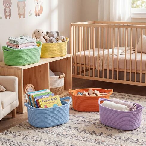 Hoolerry 8 Set Pastel Small Woven Gift Basket Empty with Clear Bags Bows and Raffia Cotton Rope Storage Basket with Handles for Nursery, Cotton Rope Room Decoration Birthday Gifts, 12"x 8" x 5" in Saudi Arabia