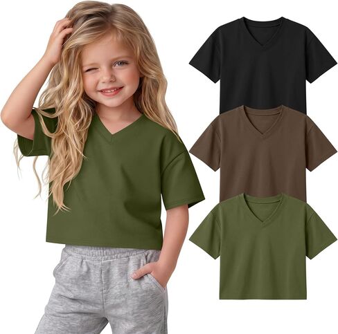 3 Pack Toddler Girls Short Sleeve Crop Tops Casual Kids V Neck T Shirts Summer Solid Color Basic Tees for 18M-5T in Saudi Arabia