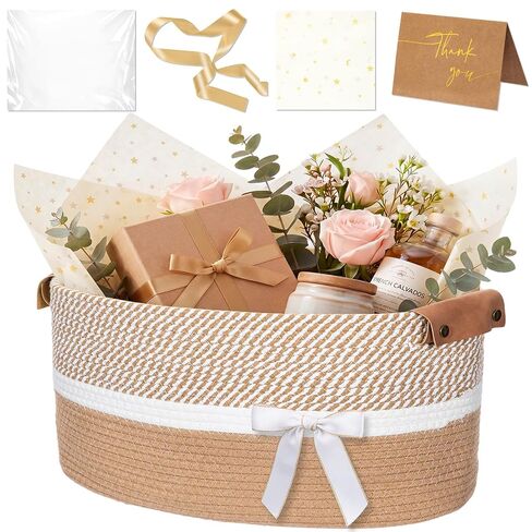 Colingmill Mother’s Day Gift Basket with Leather Handle Ribbon Gift Bag and Thank You Card Empty Decorative Chest Box 15" x 10" x 9" Woven Rope Basket Storage with Handle for Home Decor(Pink,Strip) in Saudi Arabia