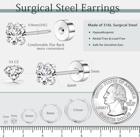 Hypoallergenic Surgical Steel Earrings Set for Sensitive Ears, Stainless Steel Flat Back Earrings for Women Men Small Flatback Stud Cartilage Hoop Earring Set for Multiple Piercing 5 Pairs in Saudi Arabia
