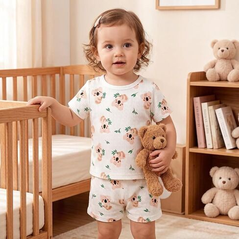 Baby Girls Shorts Set, Koala Bear Print White Short Sleeve Top & Shorts Outfit for Summer in Saudi Arabia