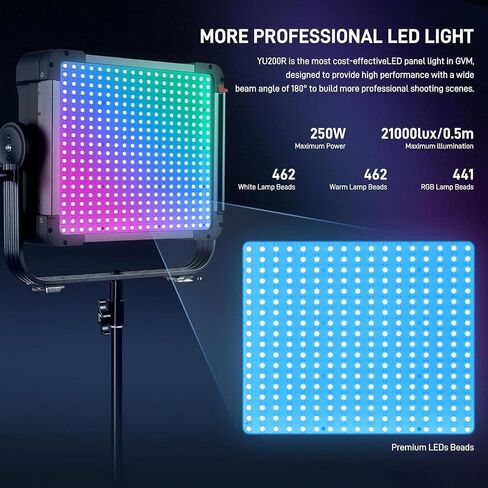 GVM 250W LED Video Light Panel, Photography Lighting with 21000 lux/0.5m, RGB Video Light 2700-75000K, CRI97+, Gel, HSI, 12 Effects, Studio Lighting for Video Recording with App/DMX/Battery in Saudi Arabia
