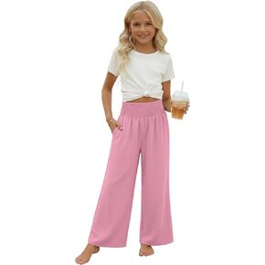 Girl's Palazzo Trousers Wide Leg Boho High Waist Pants Smock Trousers Elastic Casual Pants with Pockets 5-14 Years in Kuwait
