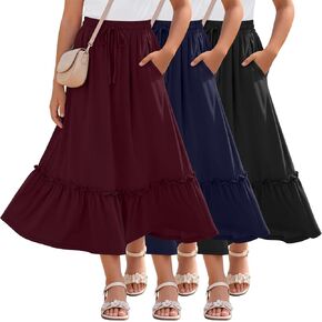 3 Pack Girls Boho Maxi Skirts 5-16Y Ankle Length Pockets Tiered Ruffle Hem Flowy Pleated Drawstring Summer Skirts in Saudi Arabia