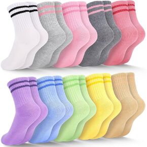 Ultrafun 10 Pairs Kids Girls Socks Cotton Crew Athletic Socks with Stripes Hearts Casual Dress Sock for Girls 3-12 Years Old in Kuwait