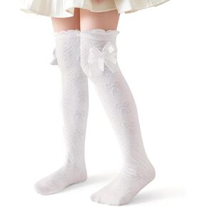 DoSmart Girls Knee High Socks Kids White Ruffled Lace Tall Boot Cotton Princess Bow Frilly Dress Socks 3 Pairs in Saudi Arabia