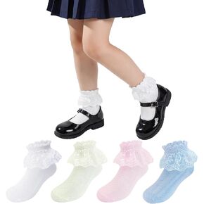 Girls White Lace Frill Socks - Breathable Princess Dress Socks School Uniform Crew Socks for Toddler & Kids (1-10T) in Saudi Arabia