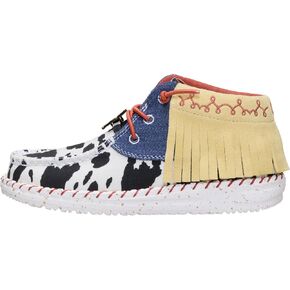 HEYDUDE Girl's Youth Wendy Mid Fringe Jessie Boot | Toy Story Collab | Cowprint Denim Upper with Suede Mid Fringe Collar in Kuwait