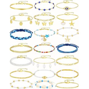 21PCS Gold Ankle Bracelets for Women, Boho Shell Bead Cuban Link Chain Waterproof Gold Anklets Set, Adjustable Layered Anklets for Women Beach Jewelry Gift in Kuwait