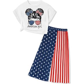 Girls Clothes 4th of July Outfits Patriotic T Shirts + American Flag Pleated Pants 2 Piece Set Spring Summer Outfit in Saudi Arabia