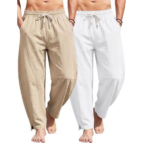 Mens Linen Pants Casual Harem Pants Lightweight Summer Beach Pants Drawstring Vacation Yoga Trousers with Pockets in Saudi Arabia