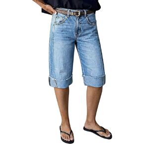 Flamingals Women's Bermuda Denim Shorts Mid Rise Knee Length Roll Hem Casual Summer Capri Jean Shorts for Women Without Belt in Kuwait
