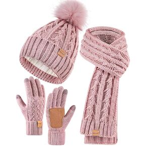 Womens Beanie Hat Scarf Gloves Set, Fleece Lined Winter Hat with Pom Pom, Long Knit Scarf Touchscreen Gloves for Cold Weather in Kuwait