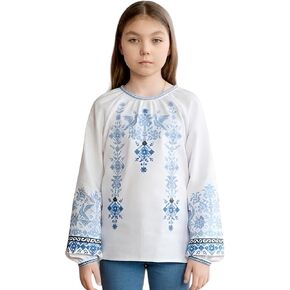 Girls' Homespun Cotton Blouse Blue Bird Geometric Embroidery Ukrainian Vyshyvanka Long Sleeve Boho Peasant Top in Kuwait
