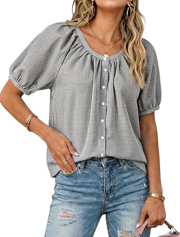 Tanming Womens Summer Plaid Button Down Shirts Short Puff Sleeve Cotton Crew Neck Gingham Blouses Tops in Kuwait