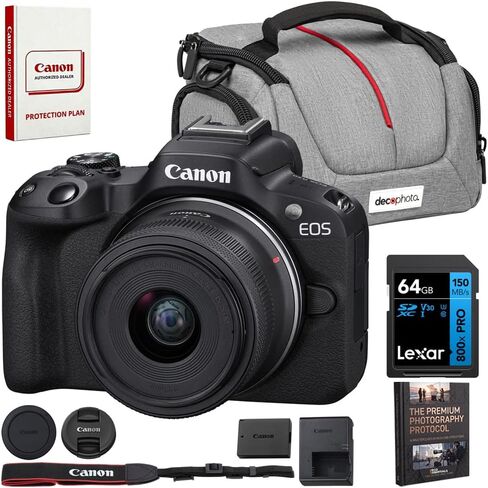 مجموعة كاميرا Canon EOS R50 بدون مرآة APS-C بعدسة قابلة للتبديل باللون الأسود 5811C002 مع حقيبة تصوير فوتوغرافي ديكو جير + 2 × بطارية + 2 × بطاقات ذاكرة سعة 64 جيجابايت + مجموعة ملحقات in Kuwait