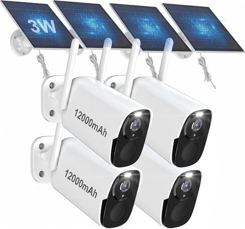 2K QHD Solar Security Cameras Wireless Outdoor WiFi, 12000mah Battery, IP66 Waterproof, Two-Way Audio, Color Night Vision, Motion Sensor-4PACK BW4PLUS with Solar Panel in Kuwait