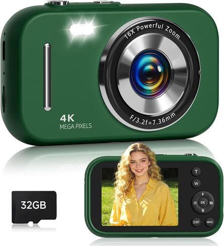 Digital Camera,4K 48MP Compact Camera fo Teens,16X Zoom Anti Shake,32GB SD Card,21 Filters,Framing Grid, Date Stamp,Slow Motion,MP3 Function,Travel Small Camera for Boys Girls,Green in Kuwait