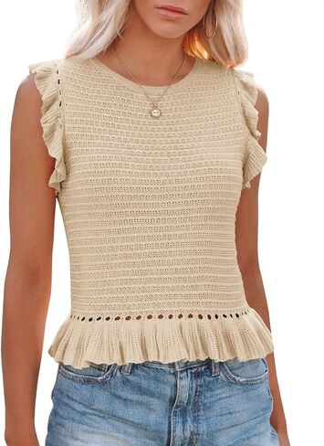PiePieBuy Women's Summer Knit Tank Tops Crew Neck Sleeveless Cami Shirts Tees Ruffle Sweater Vest in Saudi Arabia