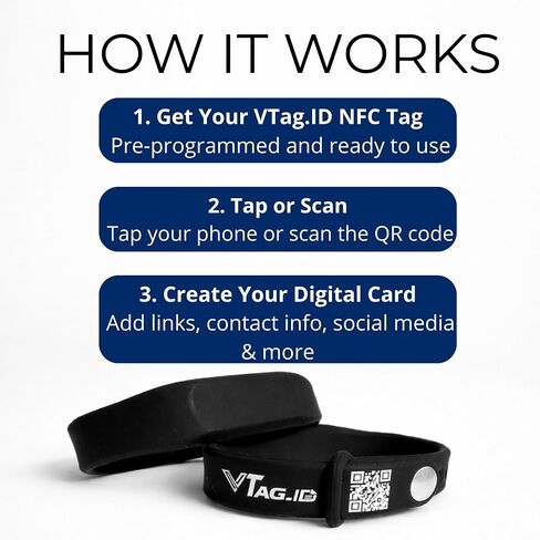 VTAG.ID NFC QR Digital Business Card Bracelet - Tap or Scan to Share Black | Smart NFC & QR, no app needed - works with iPhone & Android. Tap or scan to share contact, socials, Instagram & links. in Saudi Arabia