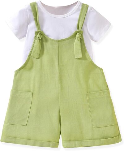 HINTINA Toddler Girl Overall Shorts Set Adjustable Loose Jumpsuit Short Sleeve T-shirt Vacation Summer Outfits with Pockets in Kuwait