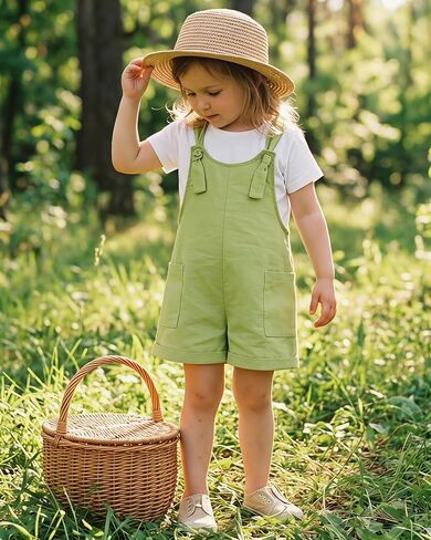 HINTINA Toddler Girl Overall Shorts Set Adjustable Loose Jumpsuit Short Sleeve T-shirt Vacation Summer Outfits with Pockets in Kuwait