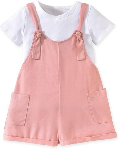 HINTINA Toddler Girl Overall Shorts Set Adjustable Loose Jumpsuit Short Sleeve T-shirt Vacation Summer Outfits with Pockets in Kuwait