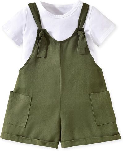 HINTINA Toddler Girl Overall Shorts Set Adjustable Loose Jumpsuit Short Sleeve T-shirt Vacation Summer Outfits with Pockets in Kuwait