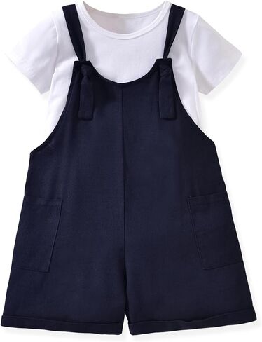 HINTINA Toddler Girl Overall Shorts Set Adjustable Loose Jumpsuit Short Sleeve T-shirt Vacation Summer Outfits with Pockets in Kuwait
