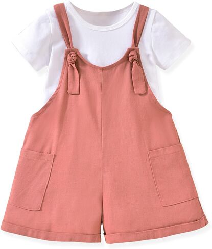HINTINA Toddler Girl Overall Shorts Set Adjustable Loose Jumpsuit Short Sleeve T-shirt Vacation Summer Outfits with Pockets in Kuwait