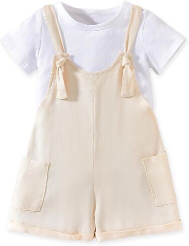 HINTINA Toddler Girl Overall Shorts Set Adjustable Loose Jumpsuit Short Sleeve T-shirt Vacation Summer Outfits with Pockets in Kuwait