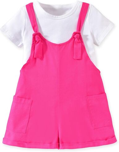 HINTINA Toddler Girl Overall Shorts Set Adjustable Loose Jumpsuit Short Sleeve T-shirt Vacation Summer Outfits with Pockets in Kuwait