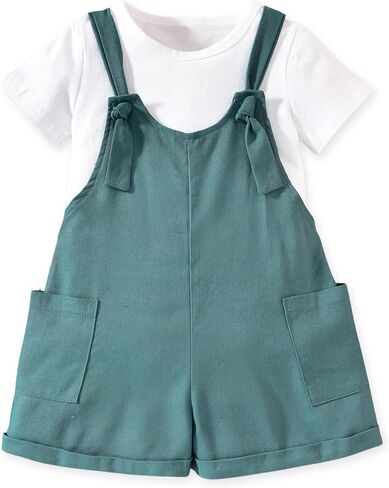 HINTINA Toddler Girl Overall Shorts Set Adjustable Loose Jumpsuit Short Sleeve T-shirt Vacation Summer Outfits with Pockets in Kuwait