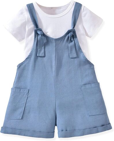 HINTINA Toddler Girl Overall Shorts Set Adjustable Loose Jumpsuit Short Sleeve T-shirt Vacation Summer Outfits with Pockets in Kuwait
