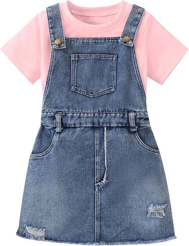 Toddler Girls Summer Clothes T-Shirt + Washed Ripped Denim Overalls Dress 2 Piece Outfits Jumpsuits in Kuwait