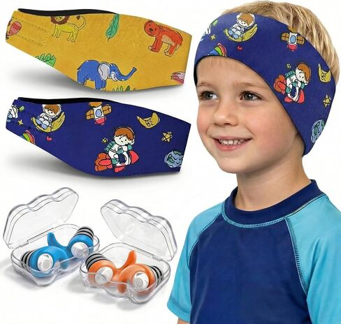 Swimming Headband for Kids - 2 Pairs Waterproof Ear Plugs & Adjustable Swim Ear Band,Keep Water Out and Hold Earplugs in - Water Headband for Surfing, Diving, Pool, Showering, and Beach in Saudi Arabia