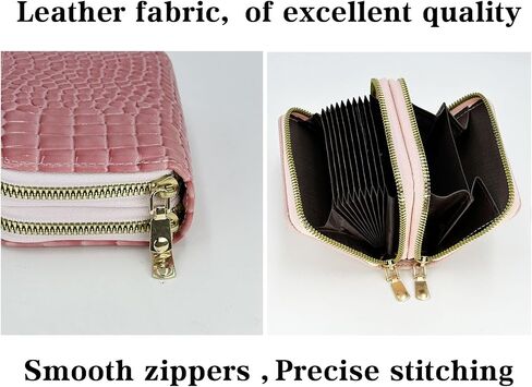 Double-layer women's currency storage bag, zipper-style card storage pocket, compact and portable 14-position large-capacity storage bag (Pink texture) in Kuwait