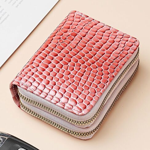 Double-layer women's currency storage bag, zipper-style card storage pocket, compact and portable 14-position large-capacity storage bag (Pink texture) in Kuwait