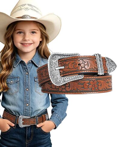 Kajeer Girls Western Belt for Kids Upgraded,Cowgirl Belt Vintage Engraved Cowgirl Country PU Leather Belt for Pants Jean in Kuwait