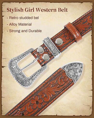 Kajeer Girls Western Belt for Kids Upgraded,Cowgirl Belt Vintage Engraved Cowgirl Country PU Leather Belt for Pants Jean in Kuwait