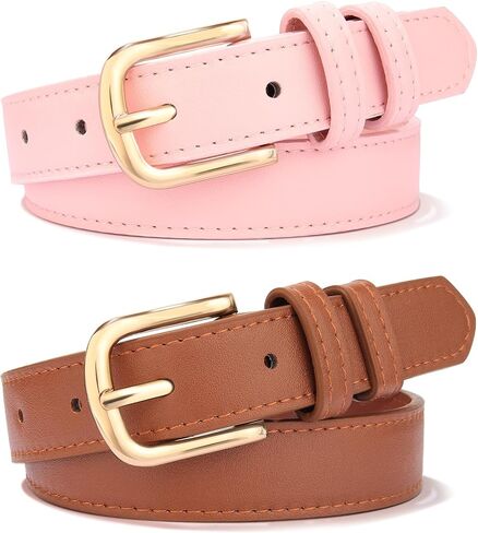 Kajeer Girls Kids Belt,2 Pcs Durable Leather/Studded Punk 9 Hole Gold Buckle Adjustable Youth Toddler Belt for Uniform Casual in Kuwait