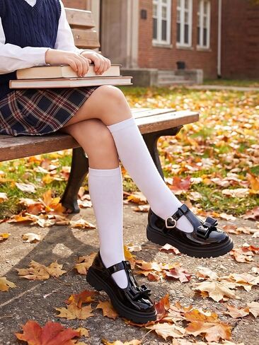 Coutgo Girls Mary Jane Dress Shoes Chunky Platform Loafers School Uniform Closed Toe T Strap Flats with Bow in Kuwait