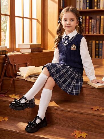 Coutgo Girls Mary Jane Dress Shoes Chunky Platform Loafers School Uniform Closed Toe T Strap Flats with Bow in Kuwait
