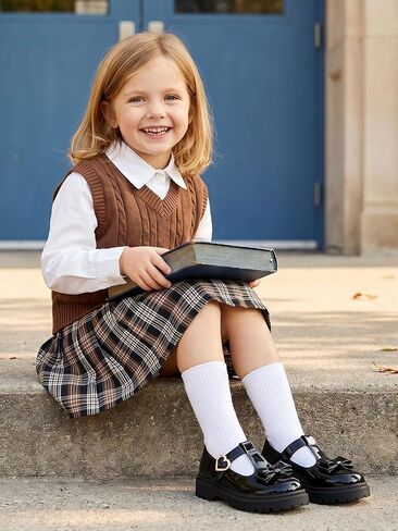 Coutgo Girls Mary Jane Dress Shoes Chunky Platform Loafers School Uniform Closed Toe T Strap Flats with Bow in Kuwait