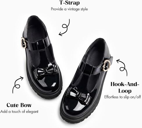 Coutgo Girls Mary Jane Dress Shoes Chunky Platform Loafers School Uniform Closed Toe T Strap Flats with Bow in Kuwait