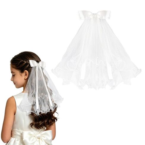 Casoty Girls First Communion Veil with Pearls Bow Tulle Headpiece for Catholic Baptism Wedding Flower Girl Party Photography in Kuwait