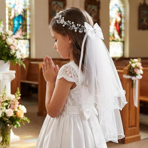 First Communion Veil Set - Catholic White Bow Veil and Flower Crown for Holy Communion Wedding Flower Girl Headpiece in Kuwait